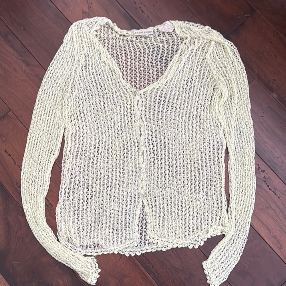 VINTAGE Apostrophe Cream Open-Knit Cardigan V-Neck